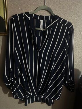 Button Detail Navy & White Striped Blouse - Unknown Brand